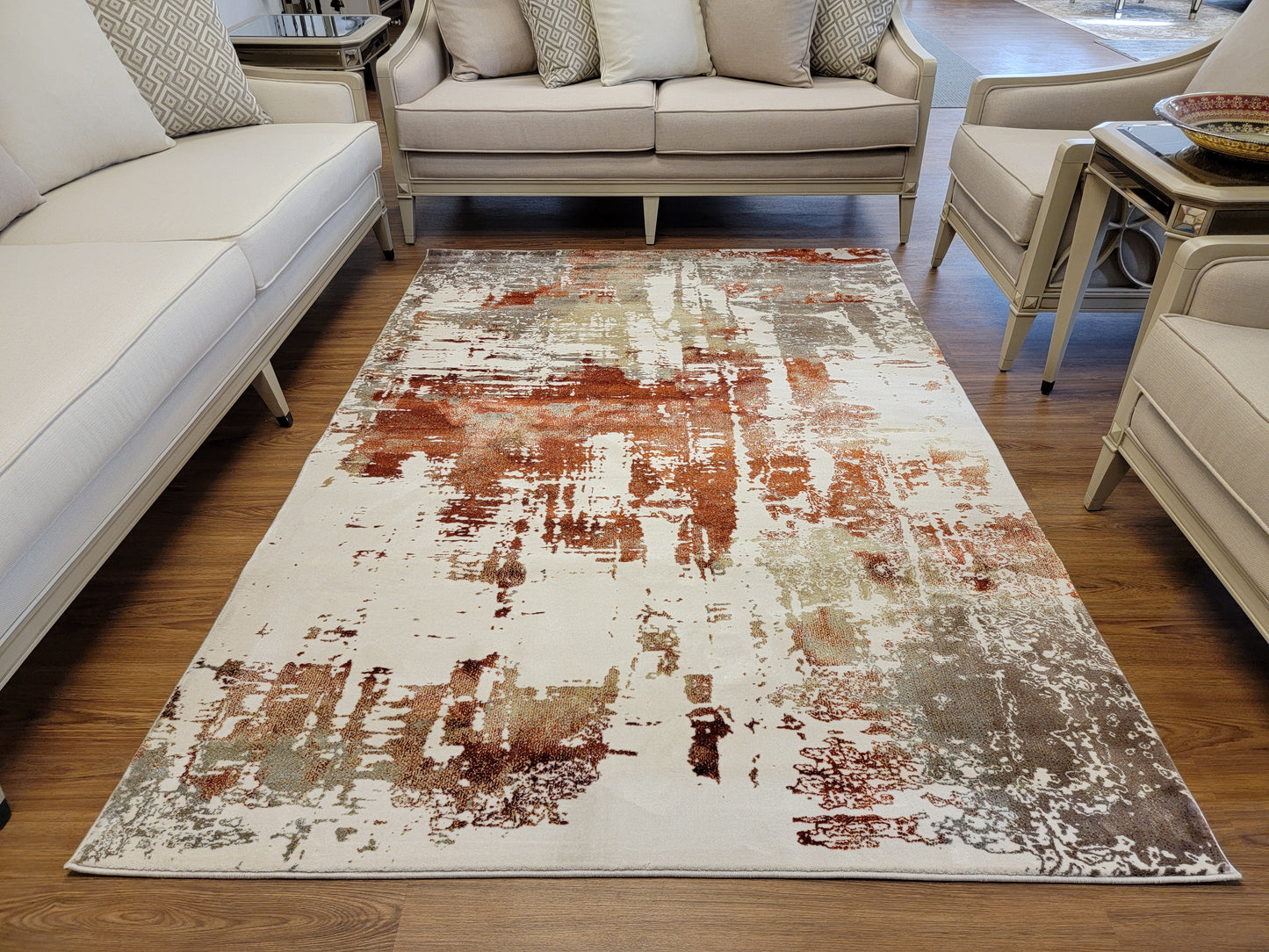 Olimpos Abstract Area Rug. Ivory, Golden Brown, and Copper