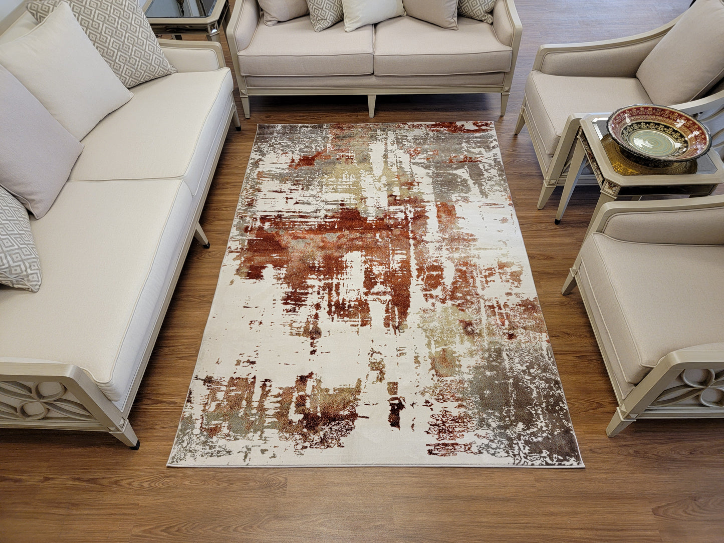 Olimpos Abstract Area Rug. Ivory, Golden Brown, and Copper
