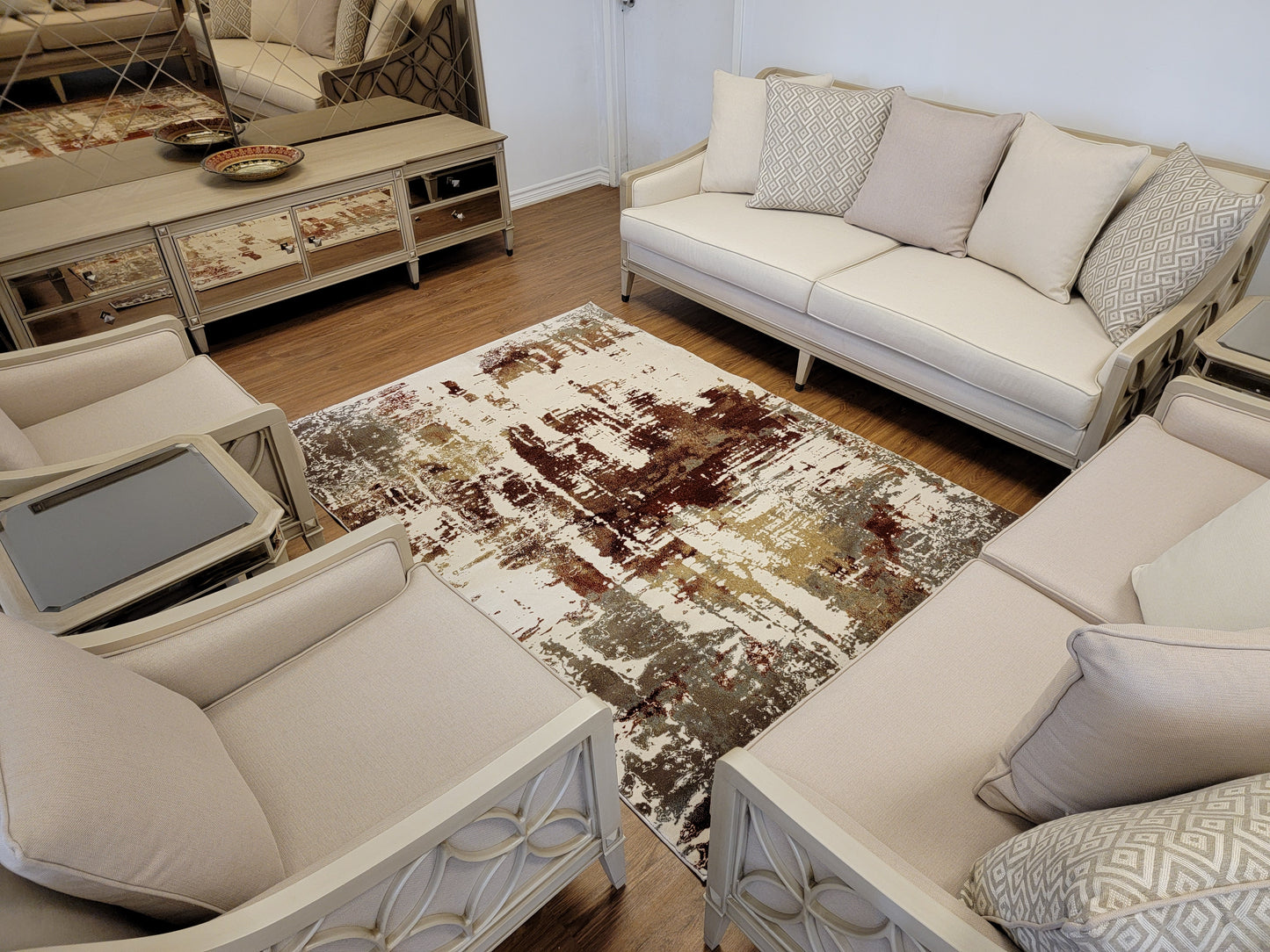 Olimpos Abstract Area Rug. Ivory, Golden Brown, and Copper
