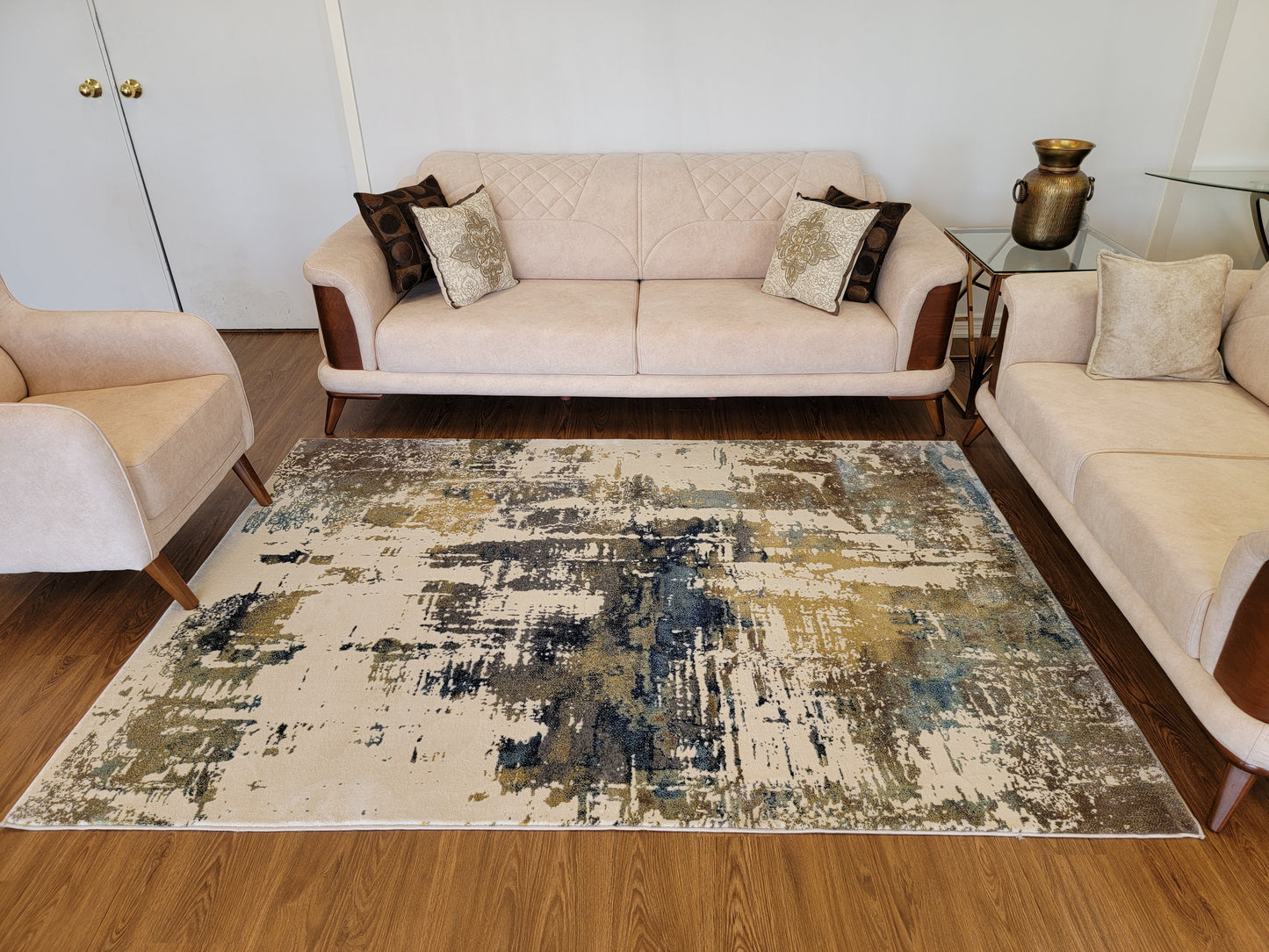 Olimpos Abstract Area Rug. Beige, Cobalt Blue, and Golden Brown
