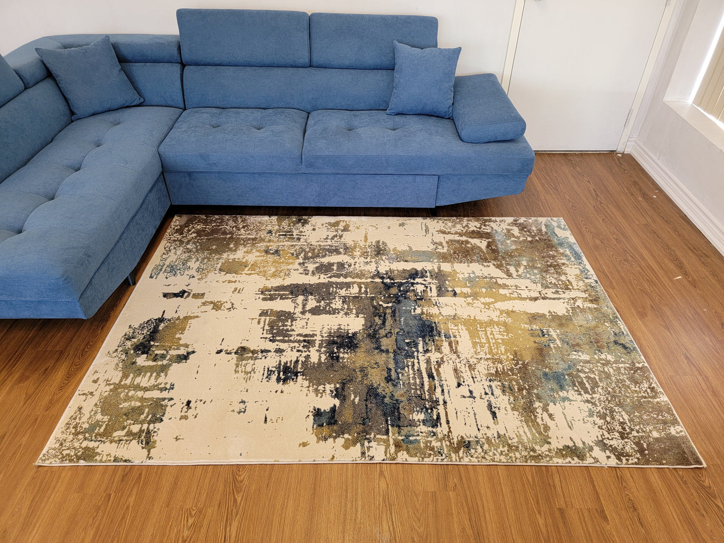 Olimpos Abstract Area Rug. Beige, Cobalt Blue, and Golden Brown