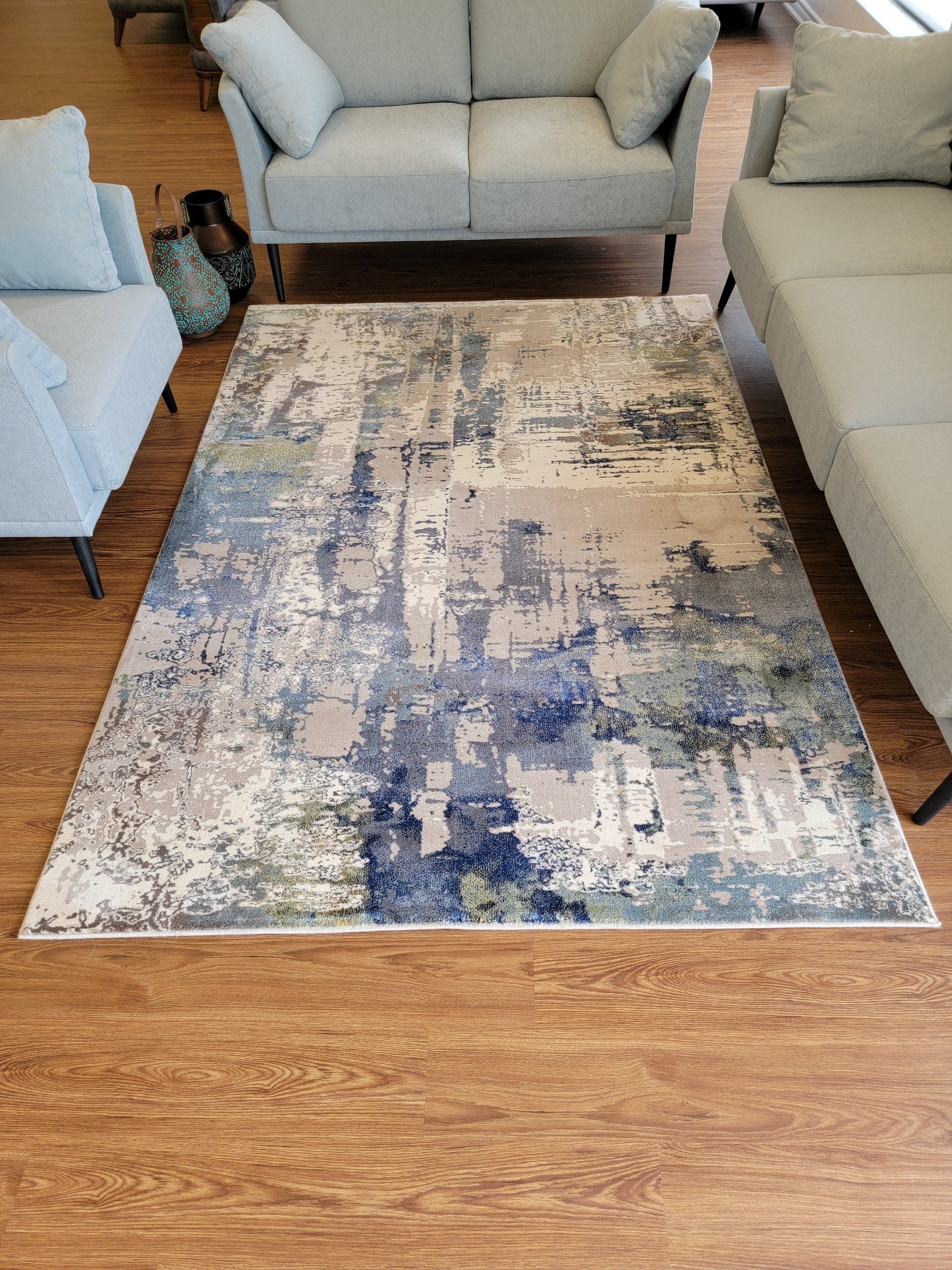 Olimpos Abstract Area Rug. Light Gray, Blue, and Army Green