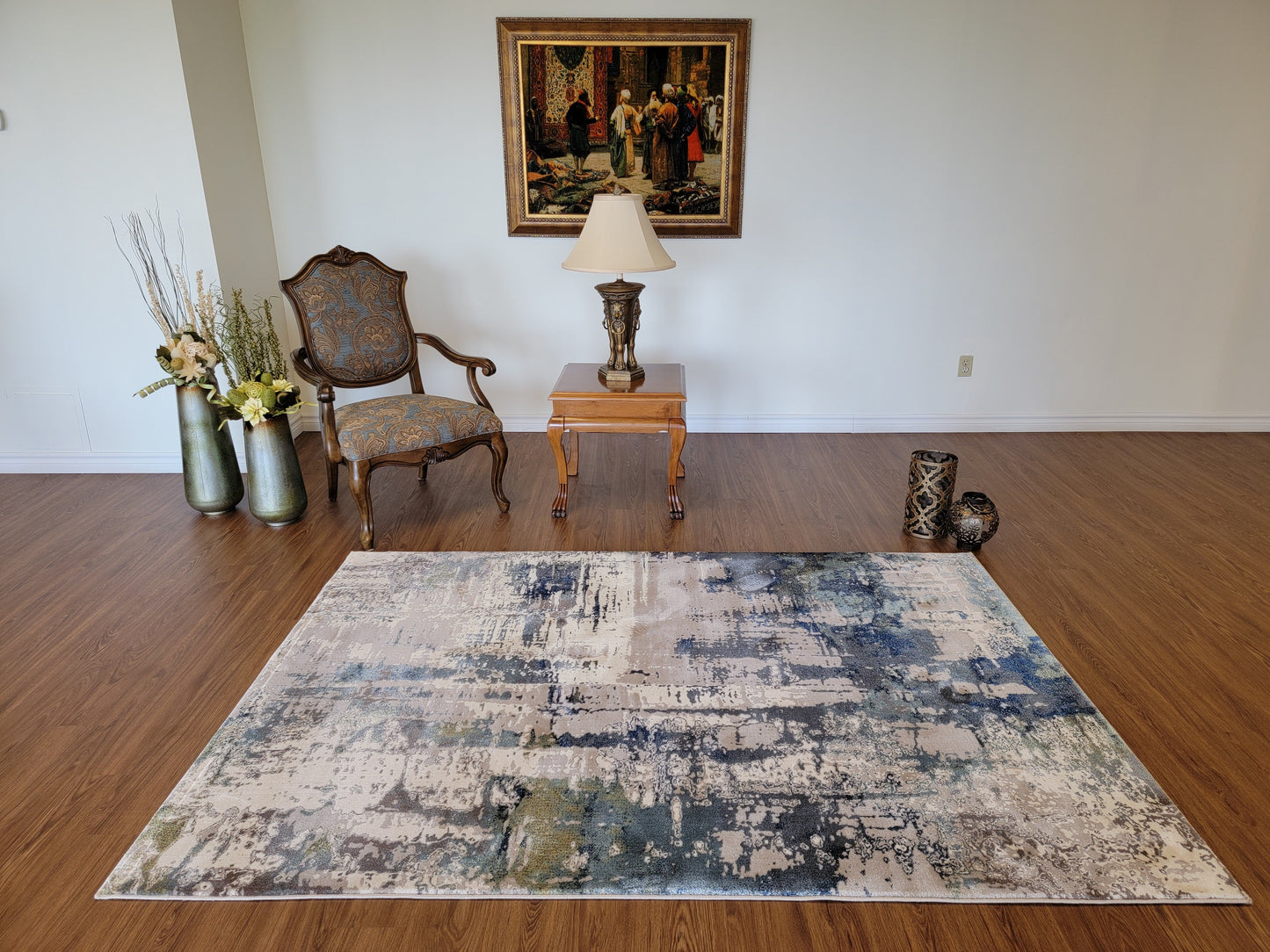 Olimpos Abstract Area Rug. Light Gray, Blue, and Army Green
