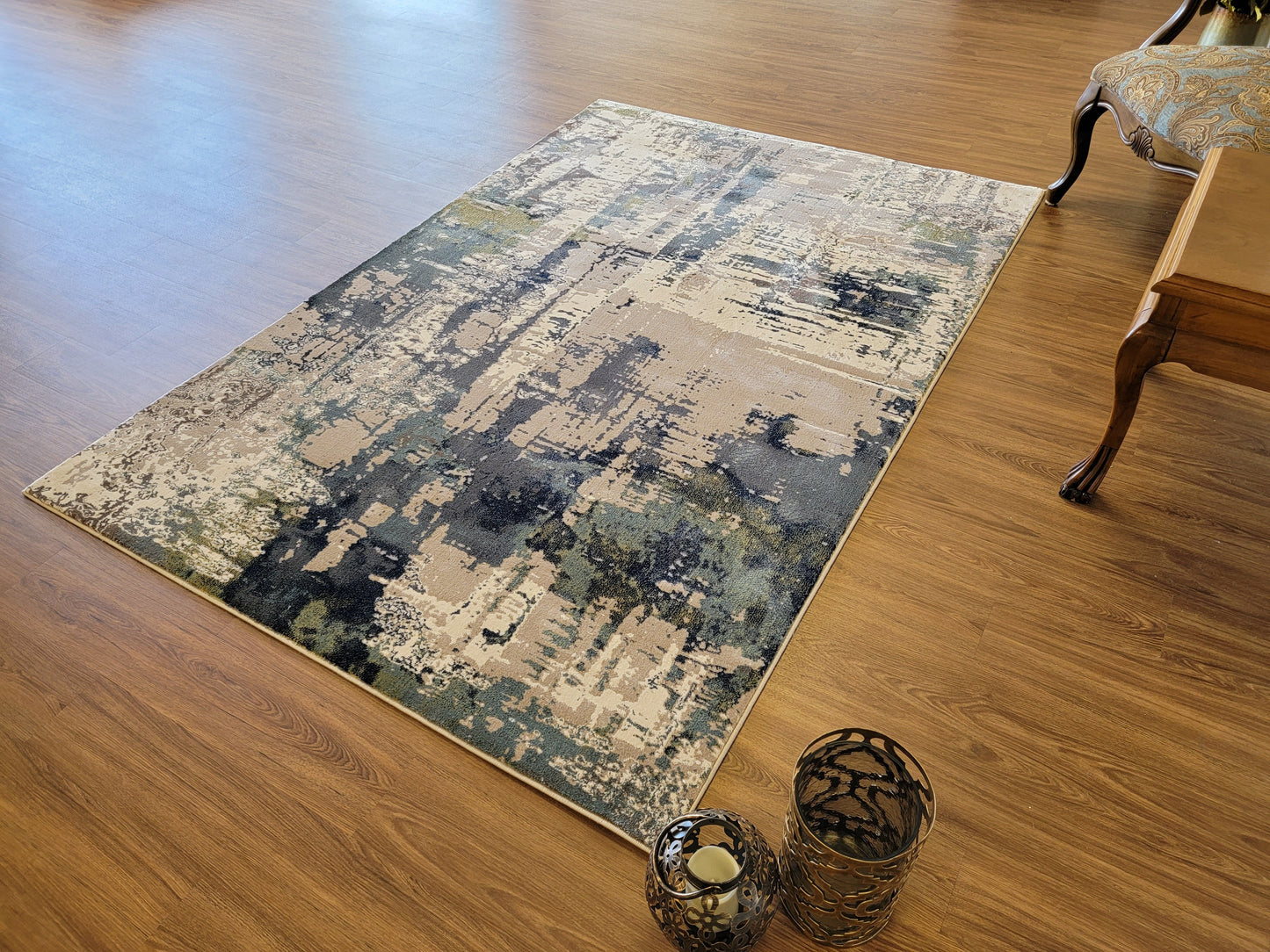 Olimpos Abstract Area Rug. Light Gray, Blue, and Army Green