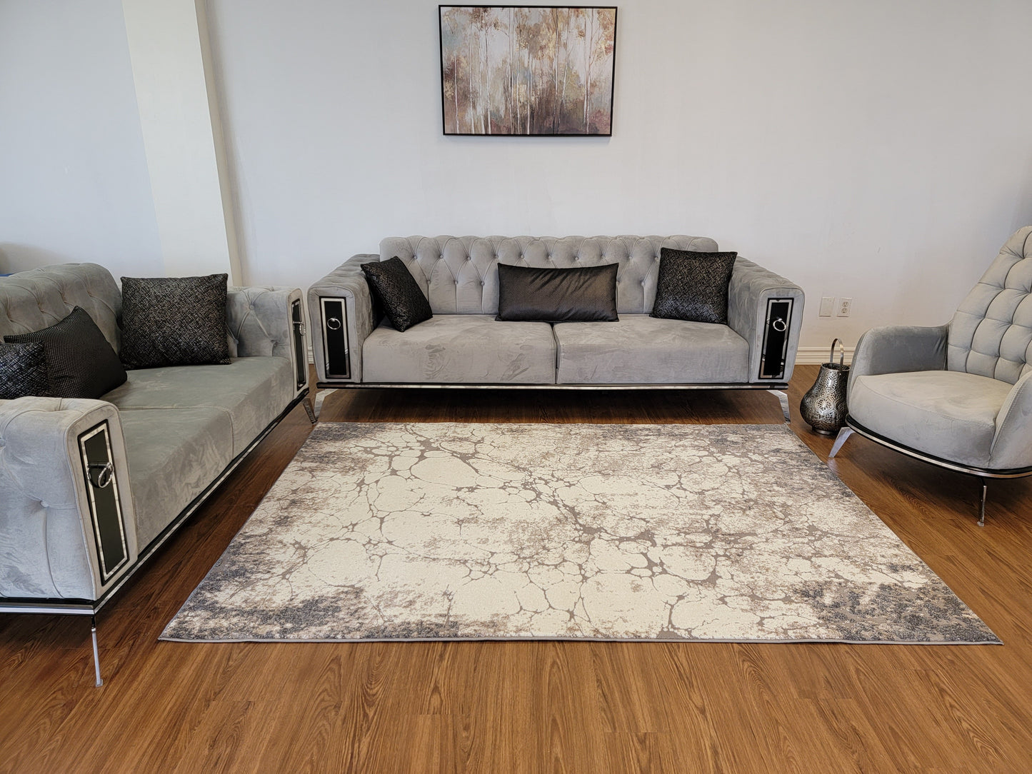 Revero Abstract Area Rug. White, Tan Brown, and Gray