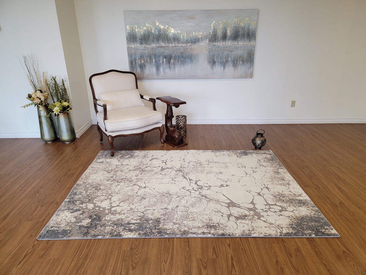 Revero Abstract Area Rug. White, Tan Brown, and Gray