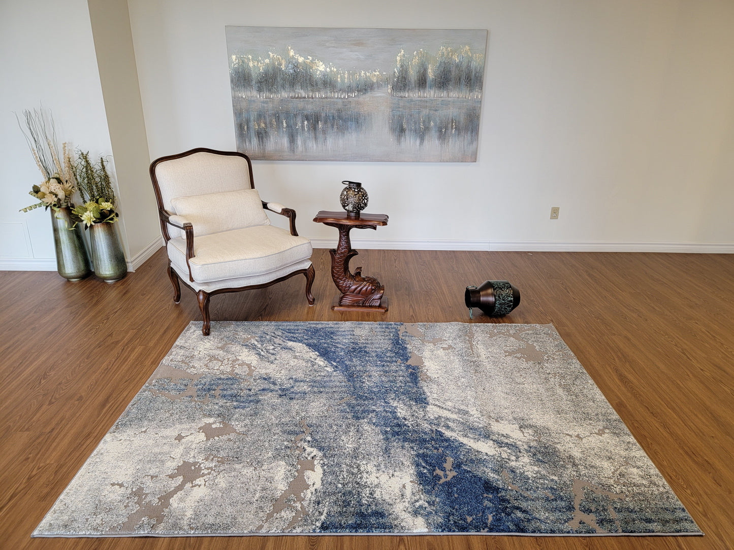 Revero Abstract Area Rug. Ivory, Cobalt Blue, and Gray