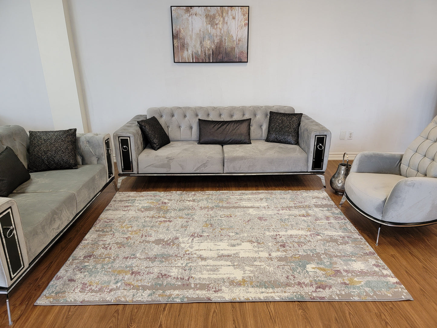 Revero Abstract Area Rug. Ivory, Teal Blue, and Gray