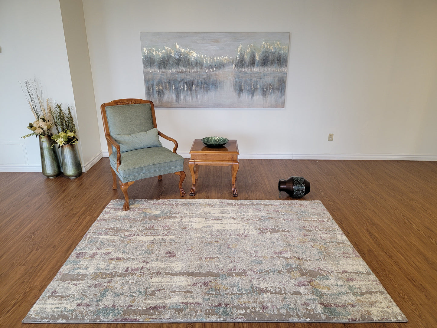 Revero Abstract Area Rug. Ivory, Teal Blue, and Gray