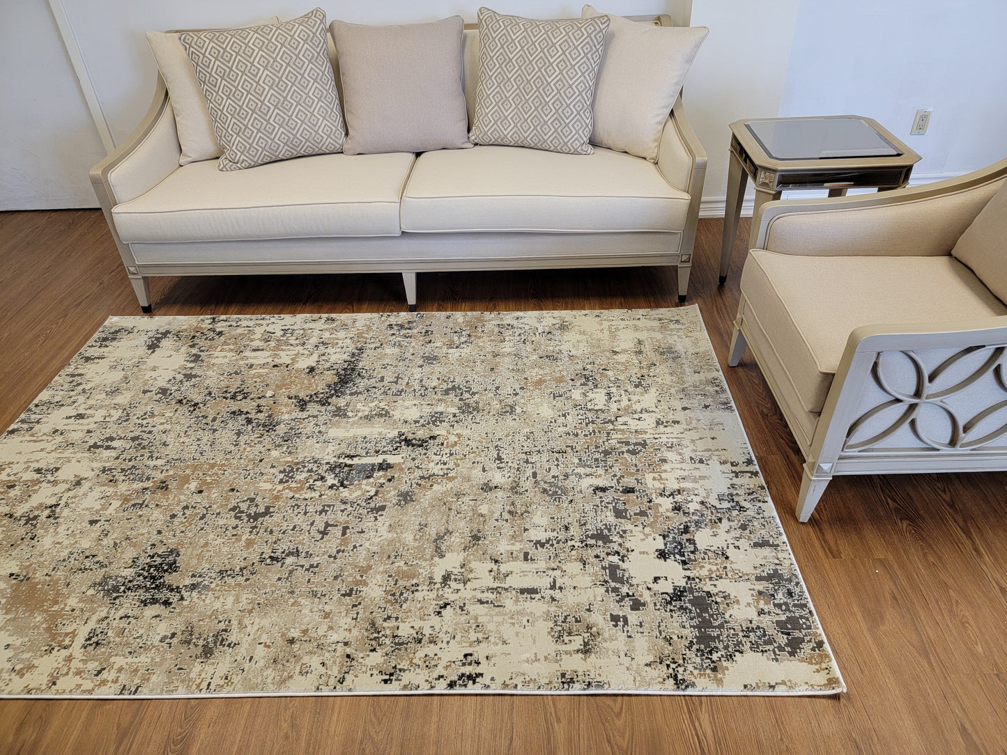 Serenity Abstract Area Rug. Beige, Blue, and Charcoal Gray