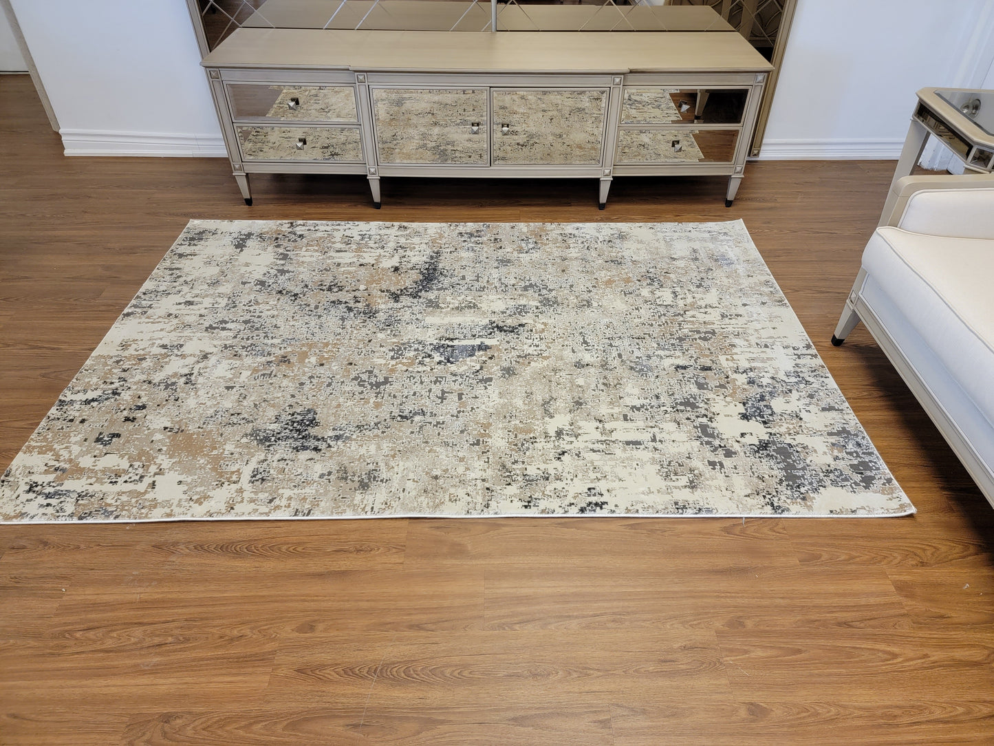 Serenity Abstract Area Rug. Beige, Blue, and Charcoal Gray