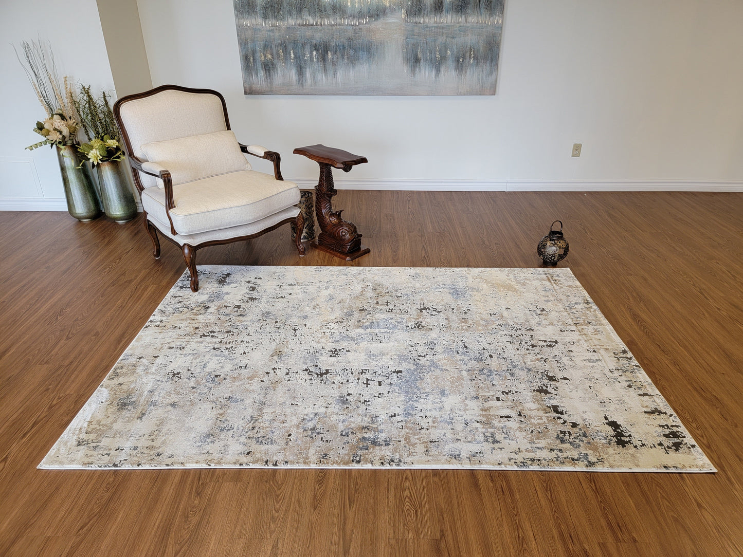 Serenity Abstract Area Rug. Beige, Blue, and Charcoal Gray