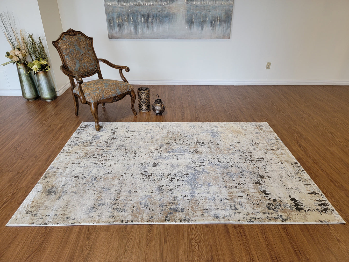 Serenity Abstract Area Rug. Beige, Blue, and Charcoal Gray