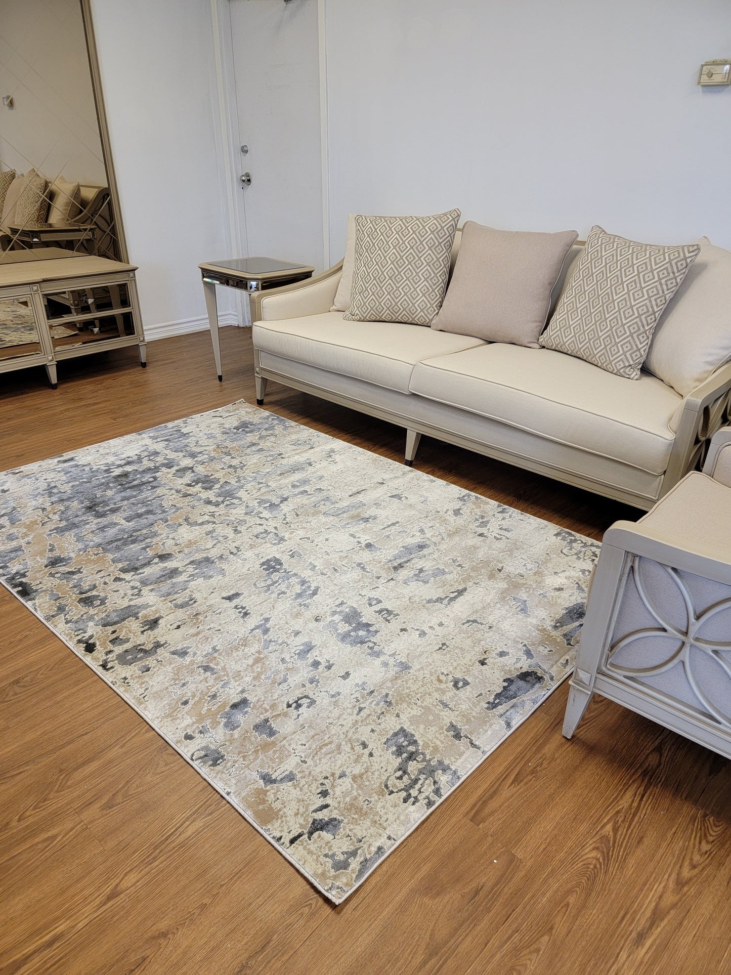 Serenity Abstract Area Rug. Beige, Brown, and Slate Gray