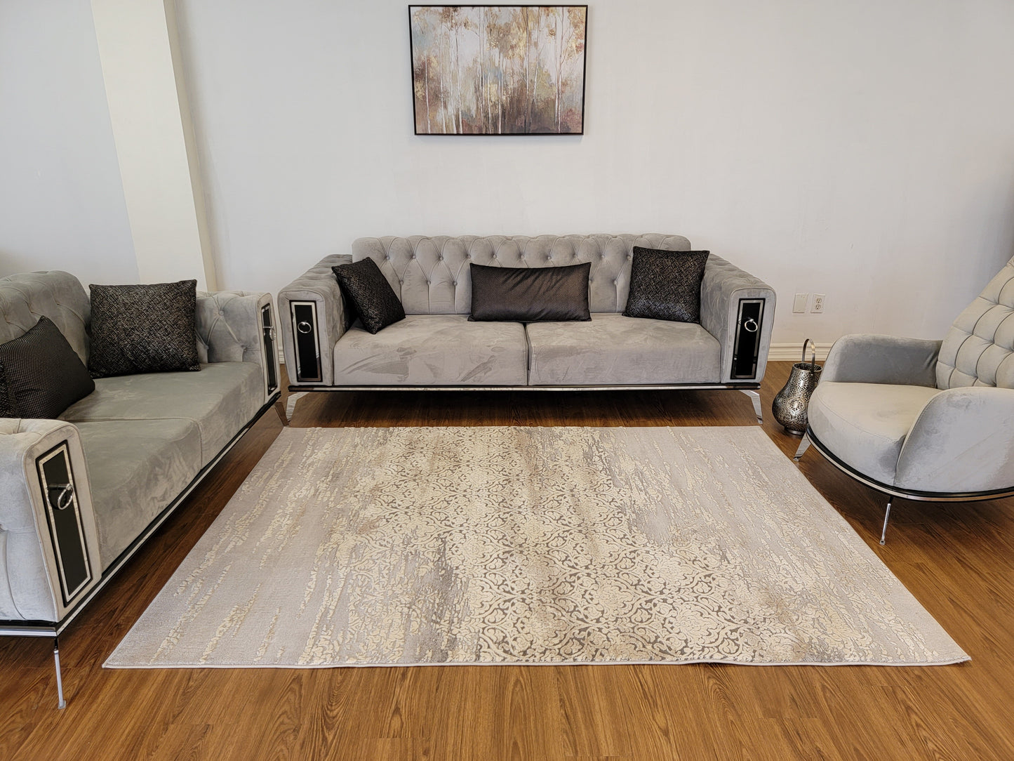 Thema Damask Area Rug. Beige, Silver, and Gray