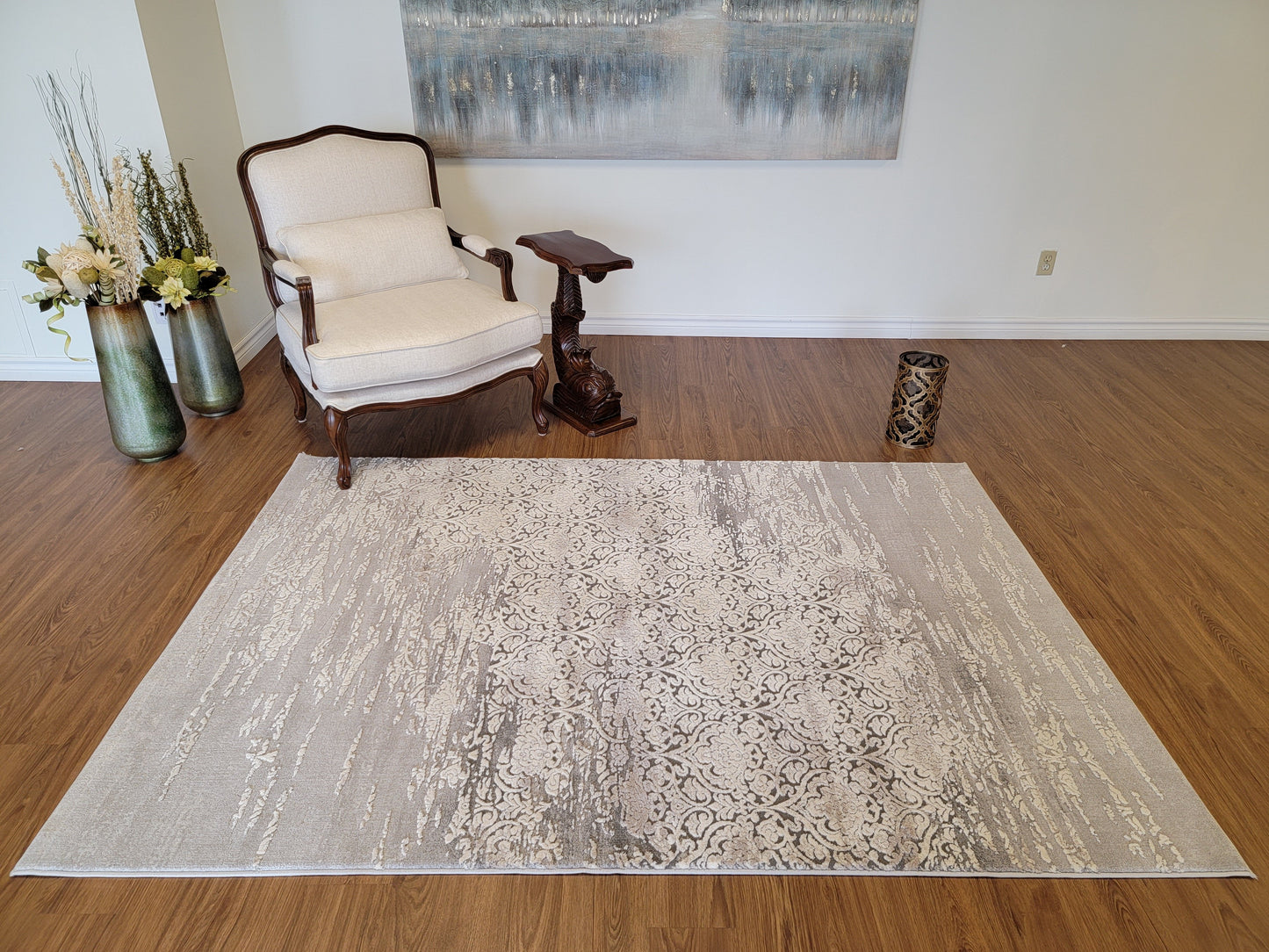 Thema Damask Area Rug. Beige, Silver, and Gray