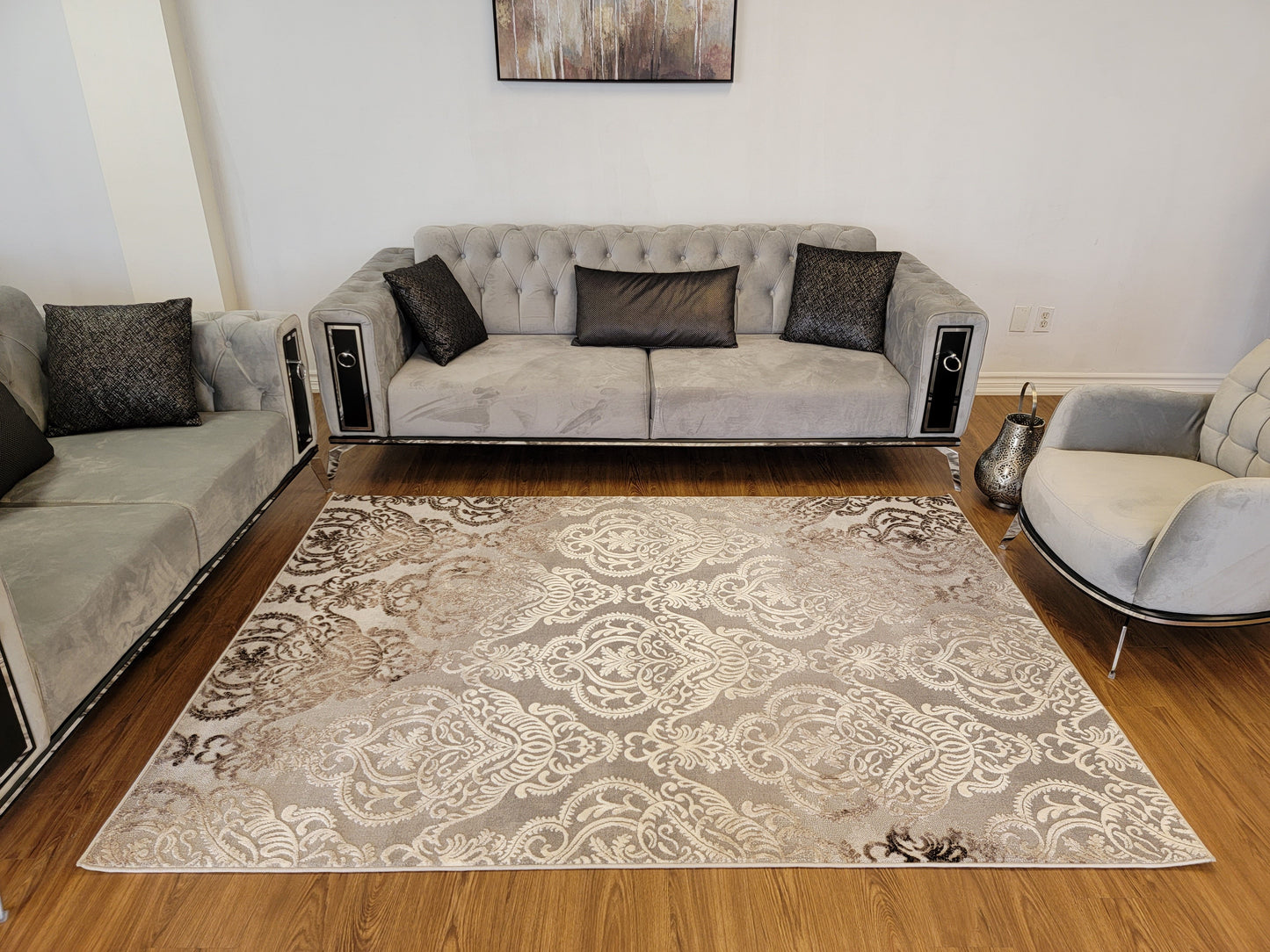 Thema Damask Area Rug. Silver, White, and Charcoal Gray
