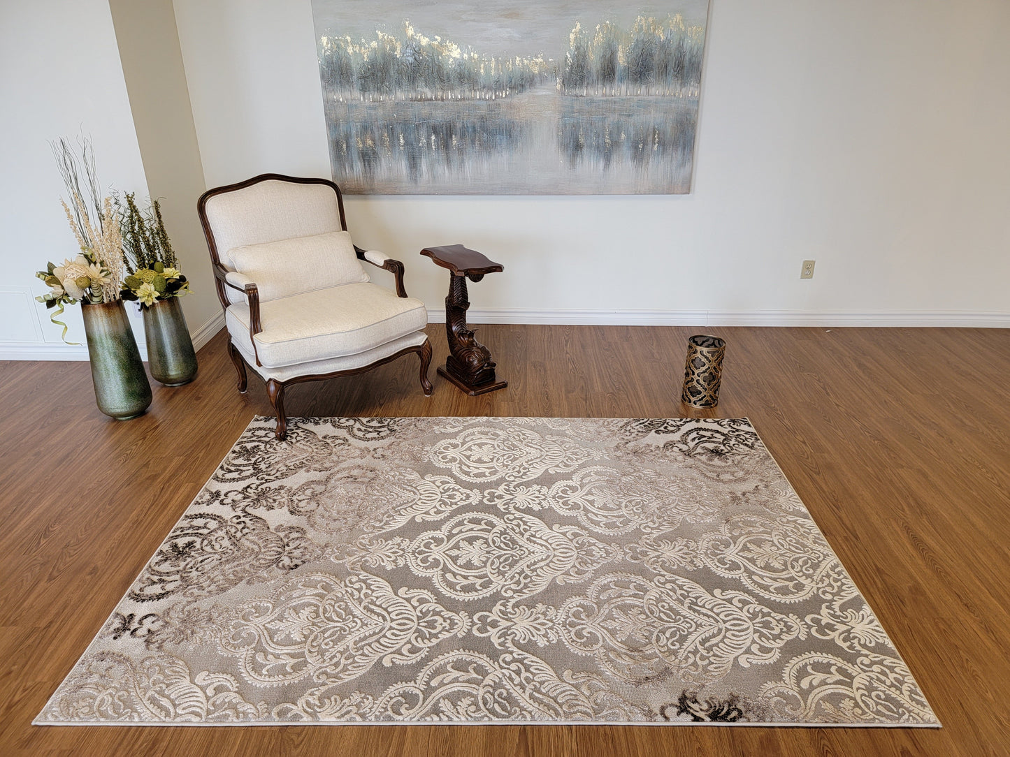 Thema Damask Area Rug. Silver, White, and Charcoal Gray