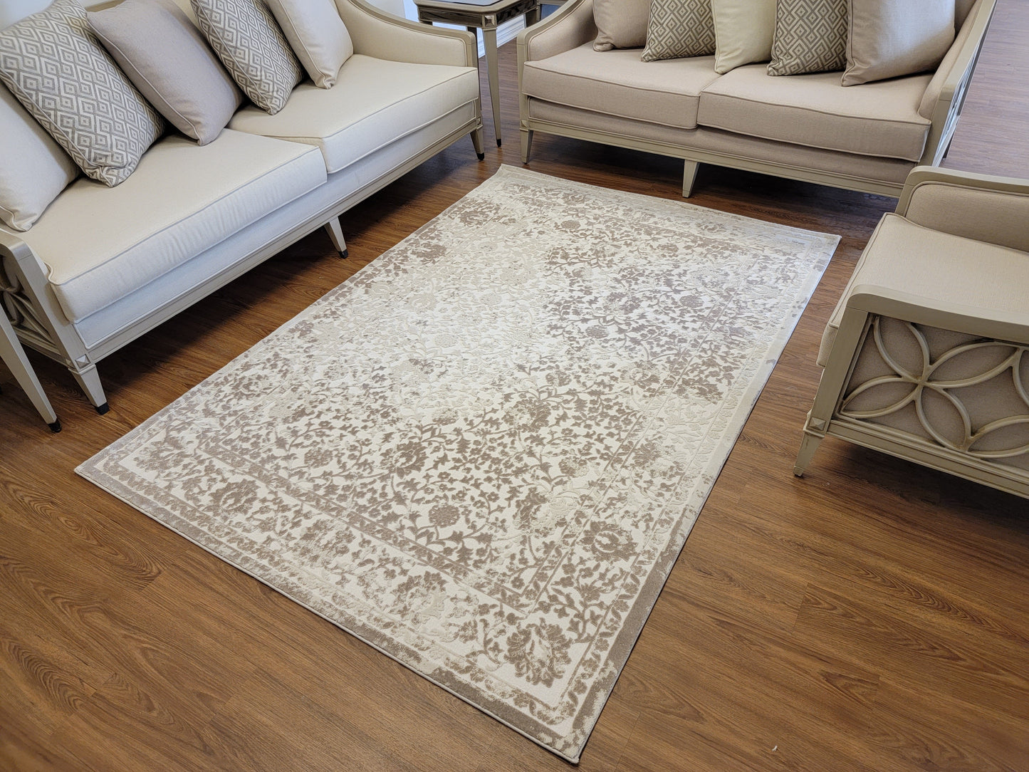 Thema Damask Area Rug. Beige, Cream, and Platinum