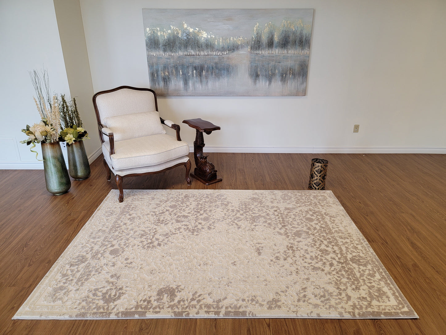 Thema Damask Area Rug. Beige, Cream, and Platinum