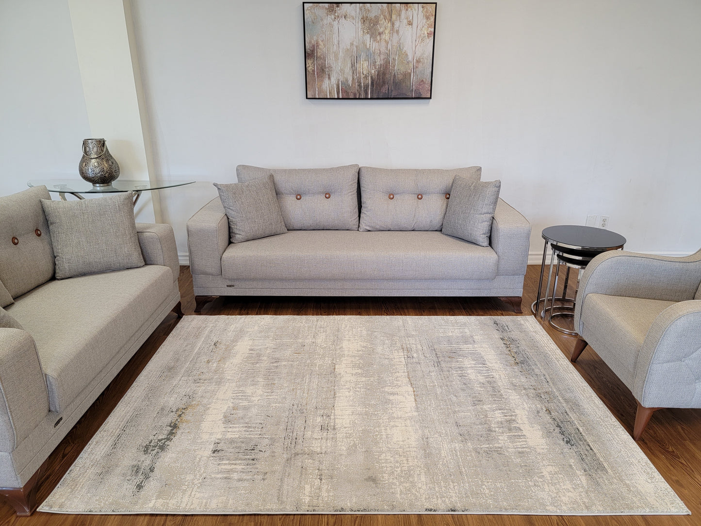 Venus Abstract Area Rug. White, Light Gray, and Blue