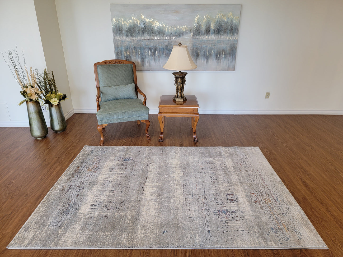 Venus Abstract Area Rug. White, Light Gray, and Blue