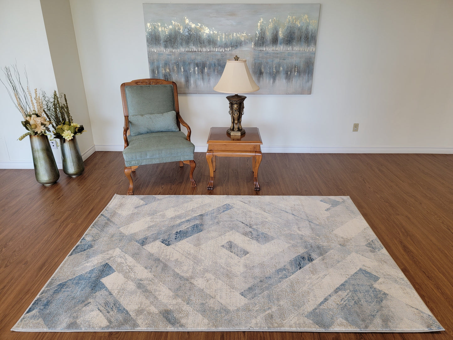 Venus Geometric Area Rug. White, Blue, and Light Gray