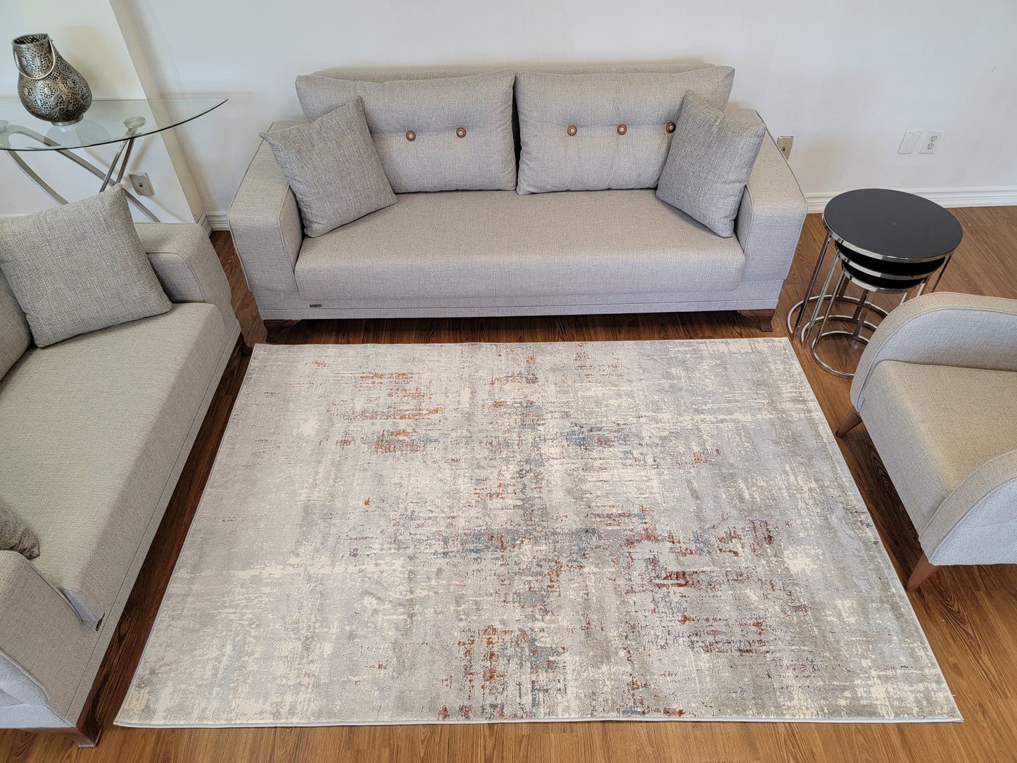 Venus Abstract Area Rug. Light Gray, Dim Gray, and Light Blue