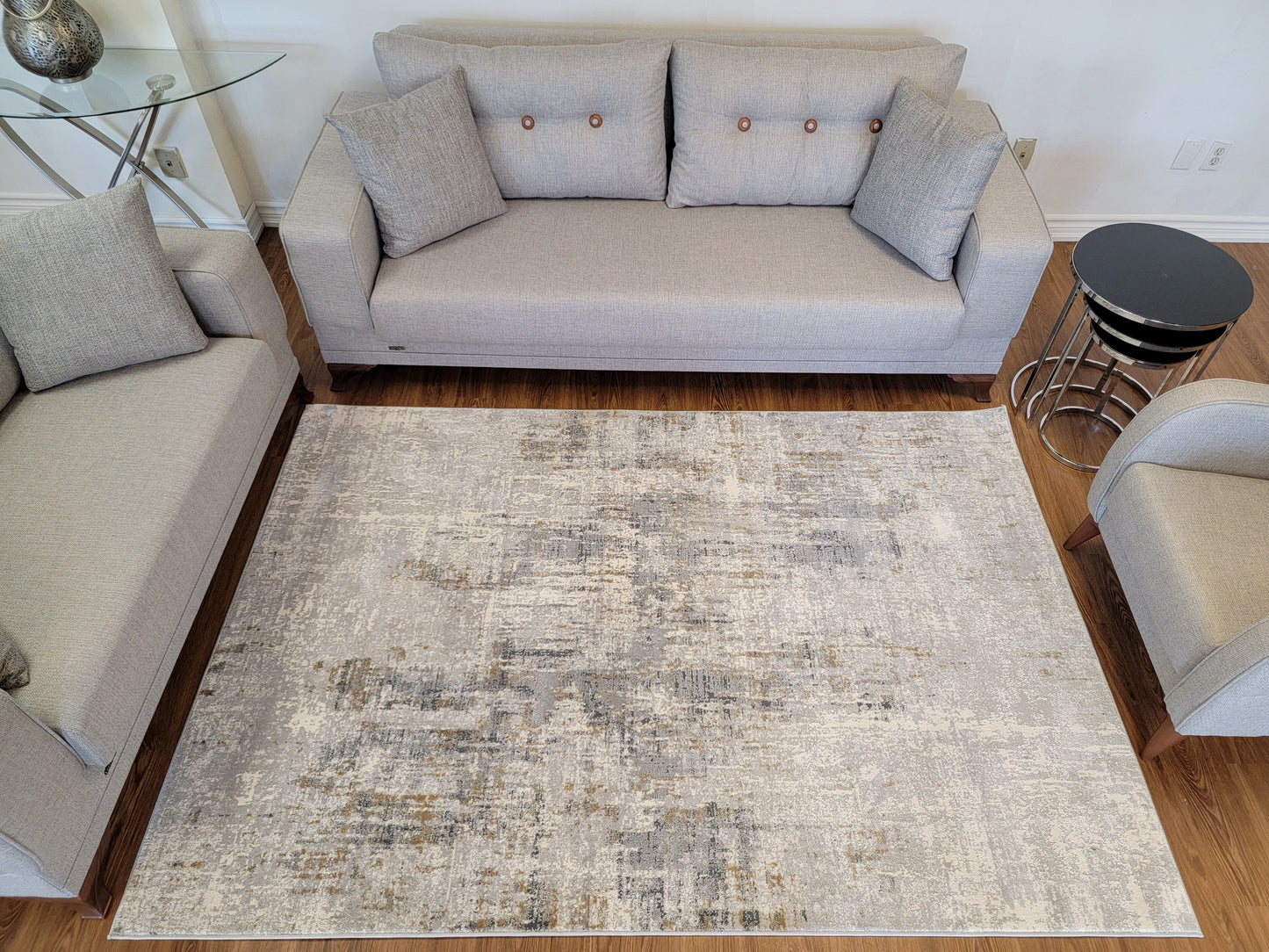 Venus Abstract Area Rug. White and Gray with Light Brown Patches