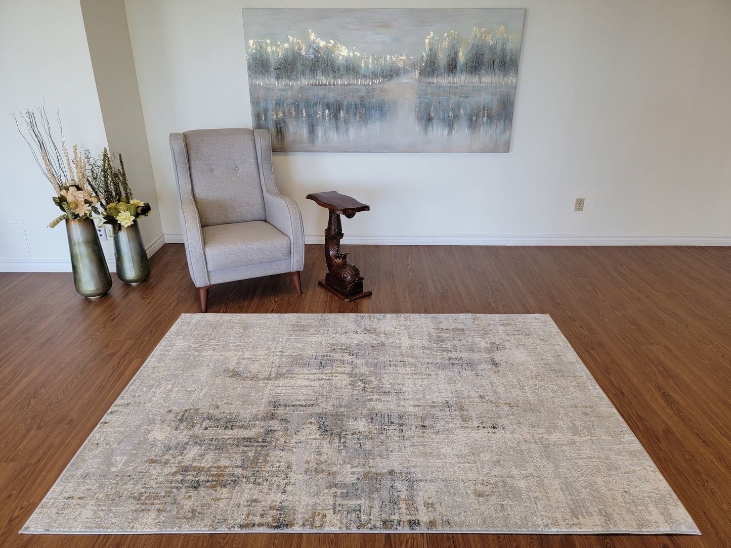 Venus Abstract Area Rug. White and Gray with Light Brown Patches