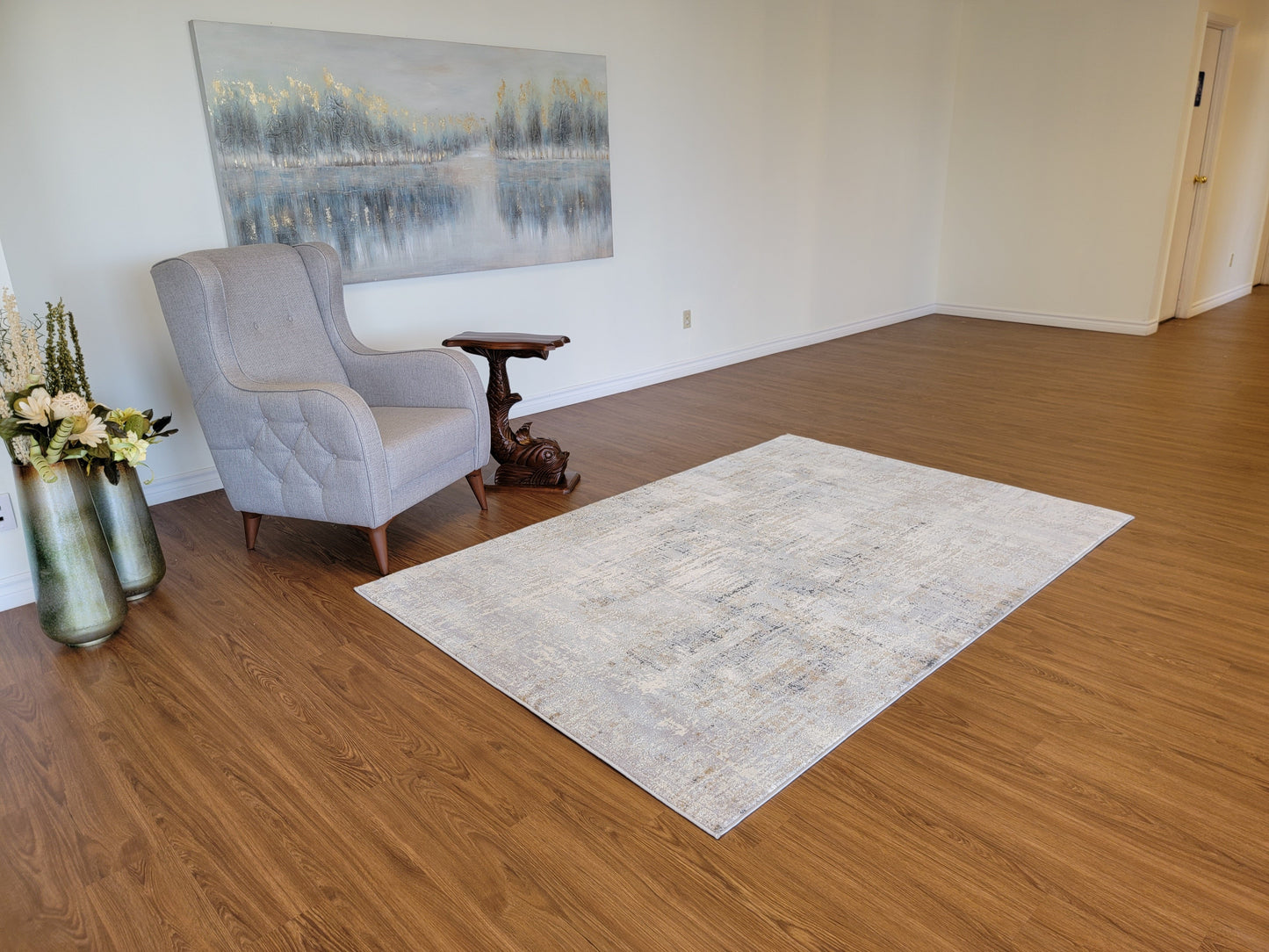 Venus Abstract Area Rug. White and Gray with Light Brown Patches