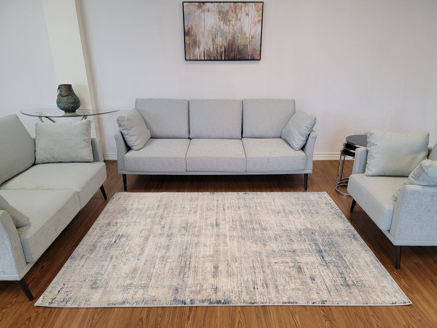 Venus Geometric Area Rug. White, Light Gray, and Cobalt Blue