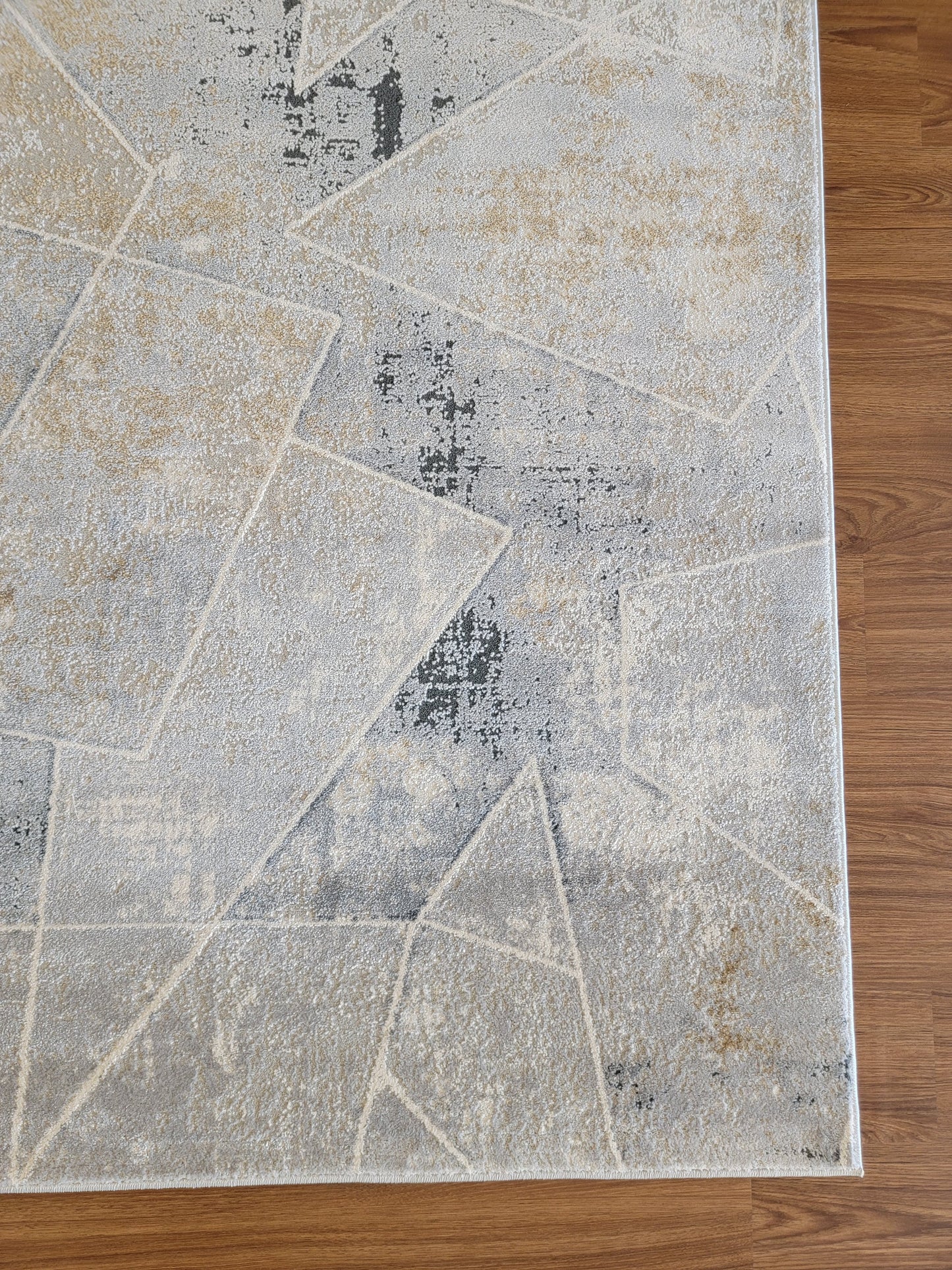 Venus Geometric Area Rug. Light Gray, Dark Gray with Patches in Gold