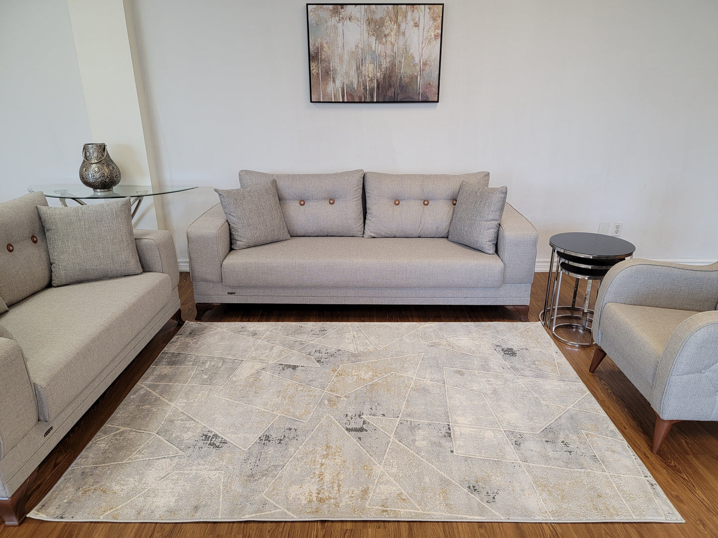 Venus Geometric Area Rug. Light Gray, Dark Gray with Patches in Gold