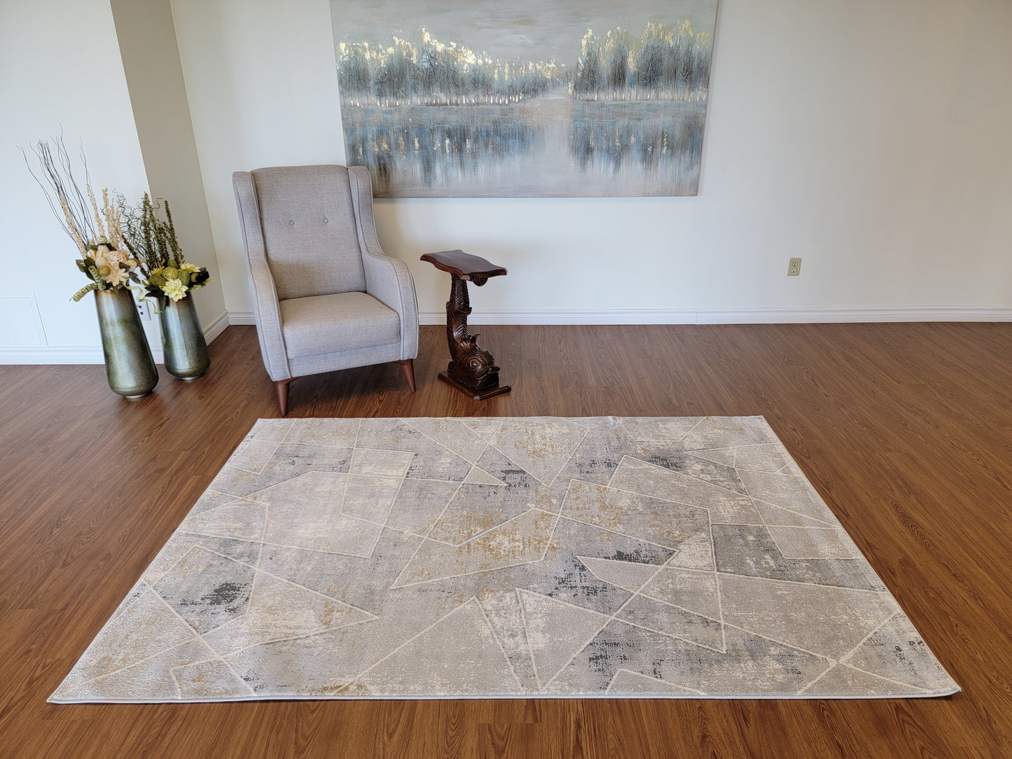 Venus Geometric Area Rug. Light Gray, Dark Gray with Patches in Gold