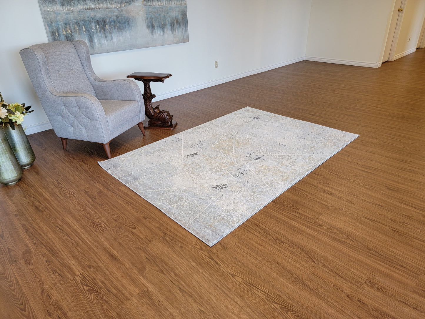 Venus Geometric Area Rug. Light Gray, Dark Gray with Patches in Gold