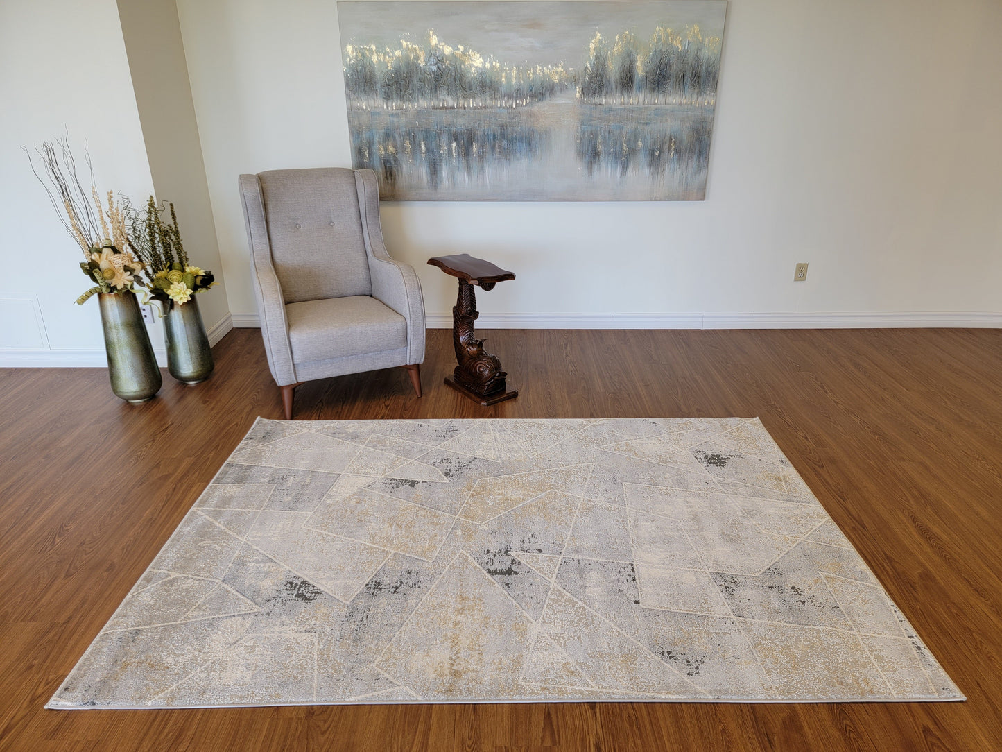 Venus Geometric Area Rug. Light Gray, Dark Gray with Patches in Gold
