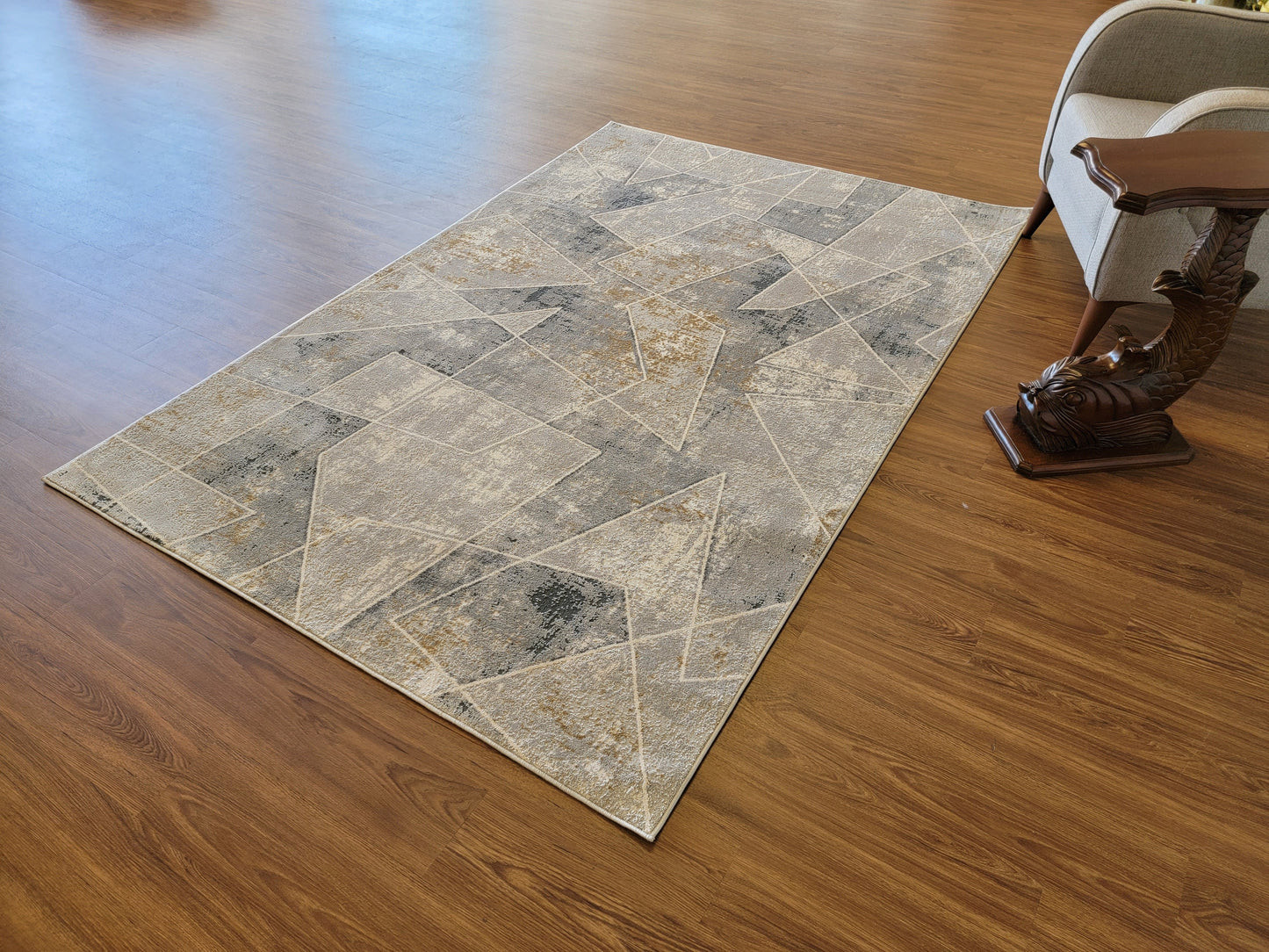 Venus Geometric Area Rug. Light Gray, Dark Gray with Patches in Gold