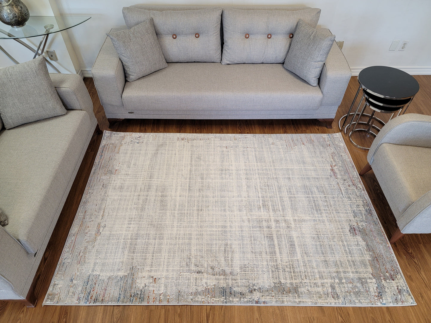 Venus Geometric Area Rug. White and Ash Gray with Patches in Copper