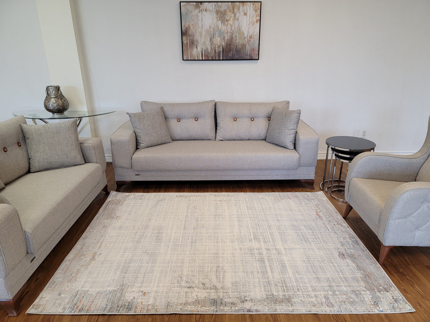 Venus Geometric Area Rug. White and Ash Gray with Patches in Copper