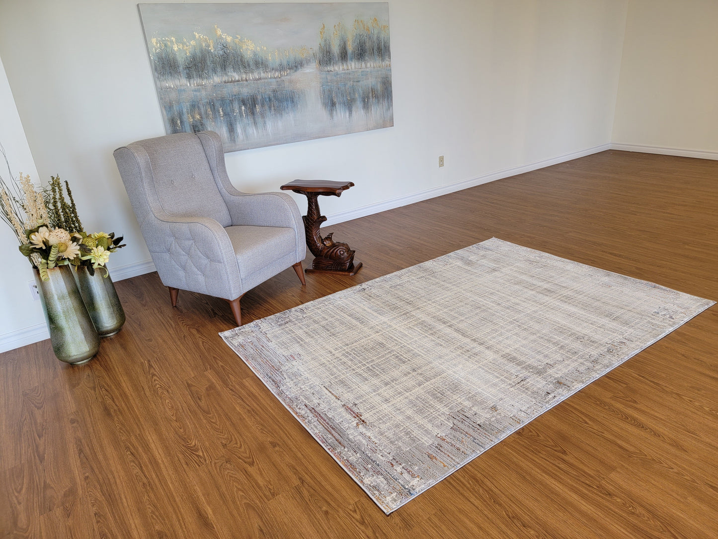 Venus Geometric Area Rug. White and Ash Gray with Patches in Copper