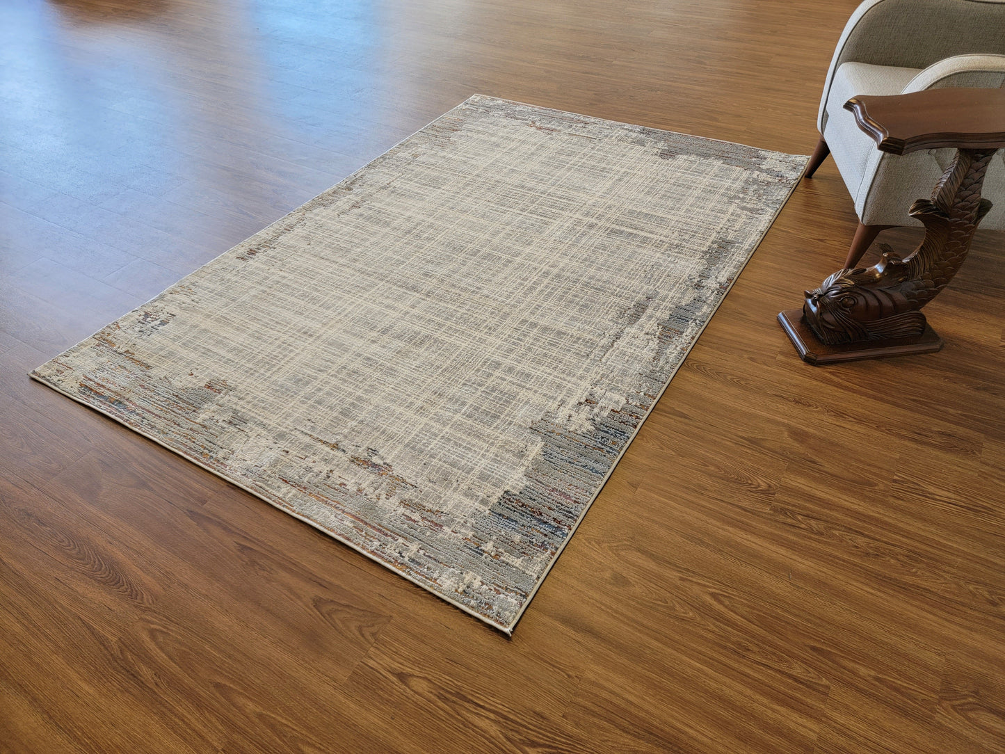 Venus Geometric Area Rug. White and Ash Gray with Patches in Copper